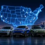 Modern electric vehicles from major automakers driving through American cities with charging stations, futuristic EV technology, and clean mobility