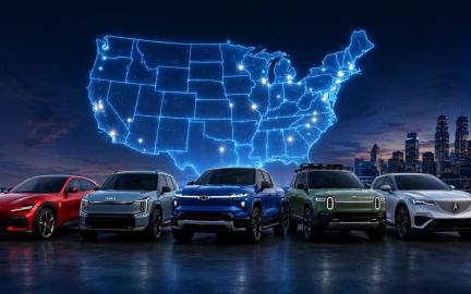 Modern electric vehicles from major automakers driving through American cities with charging stations, futuristic EV technology, and clean mobility