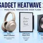 Latest American tech gadgets including Fitbit Air, Sony premium headphones, reMarkable Paper Pure tablet, and luxury audio devices in 2026