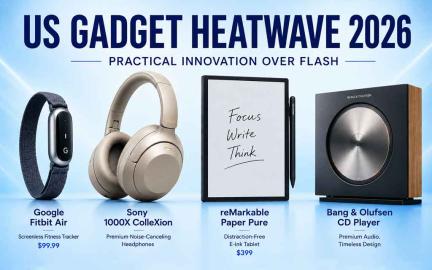 Latest American tech gadgets including Fitbit Air, Sony premium headphones, reMarkable Paper Pure tablet, and luxury audio devices in 2026