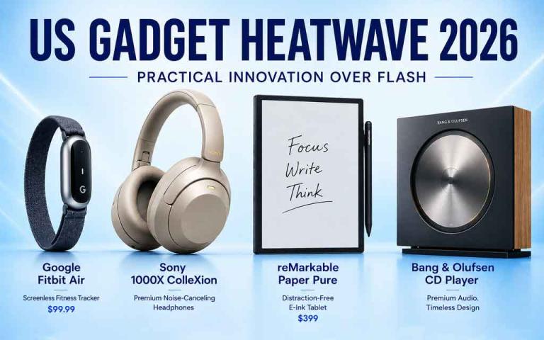 Latest American tech gadgets including Fitbit Air, Sony premium headphones, reMarkable Paper Pure tablet, and luxury audio devices in 2026