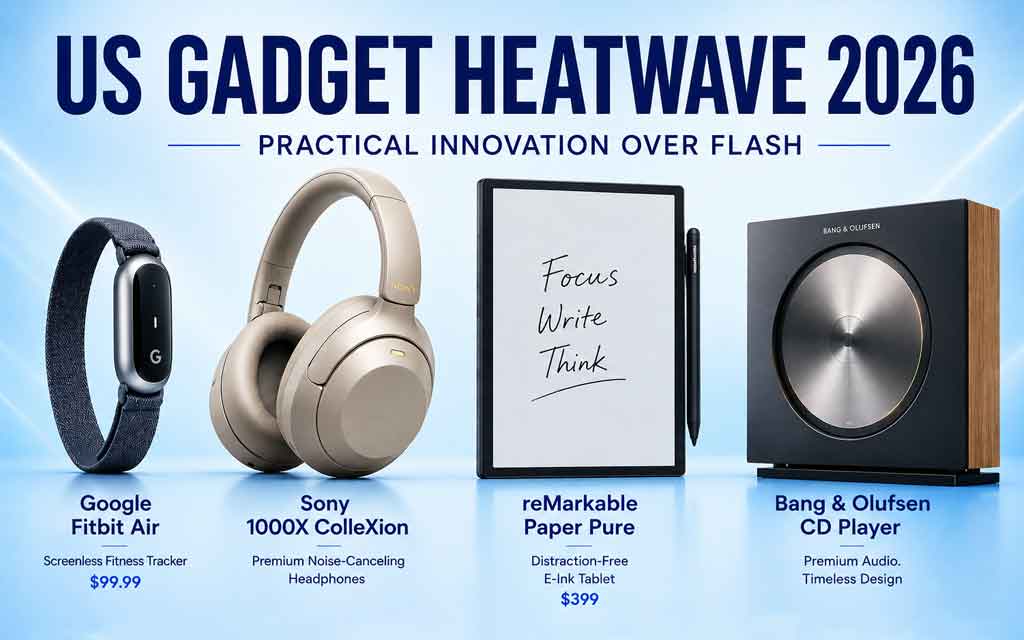 Latest American tech gadgets including Fitbit Air, Sony premium headphones, reMarkable Paper Pure tablet, and luxury audio devices in 2026