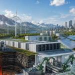 American green technology innovation with geothermal plants, battery recycling facilities, renewable energy storage, and clean energy infrastructure