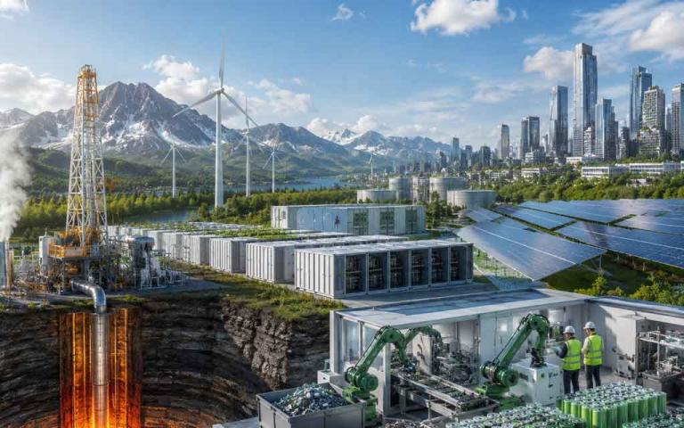 American green technology innovation with geothermal plants, battery recycling facilities, renewable energy storage, and clean energy infrastructure