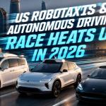 Autonomous robotaxis from Waymo and Tesla driving through modern American cities with futuristic AI transportation technology