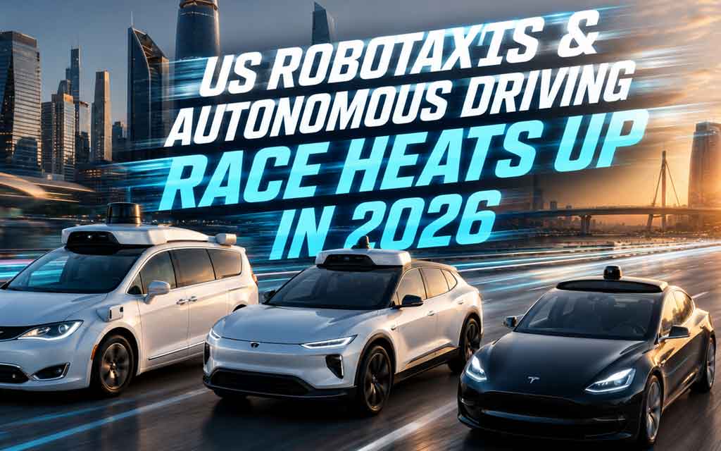 Autonomous robotaxis from Waymo and Tesla driving through modern American cities with futuristic AI transportation technology