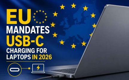 USB-C charging port on a modern laptop representing universal charging standard in the EU.