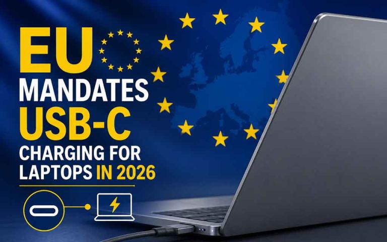 USB-C charging port on a modern laptop representing universal charging standard in the EU.