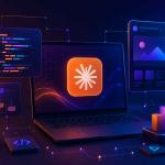 Futuristic AI-powered coding workspace featuring Claude AI, app development dashboards, vibe coding prompts, automation tools, and modern software creation