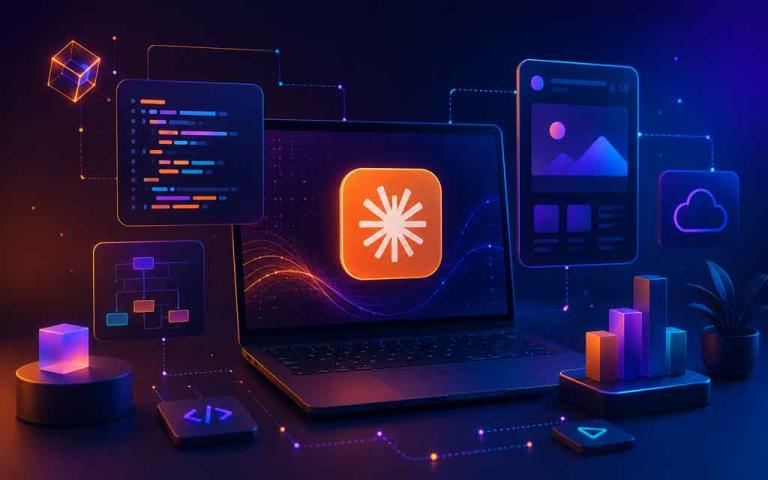 Futuristic AI-powered coding workspace featuring Claude AI, app development dashboards, vibe coding prompts, automation tools, and modern software creation