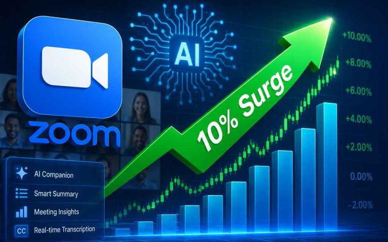 Zoom AI-powered workplace with smart meeting summaries, AI Companion assistant, hybrid collaboration tools, and rising stock market performance