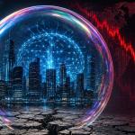 Financial market chart with AI chip, data center, warning symbol, and central bank concept illustrating concerns over an AI investment bubble and financial stability risks.