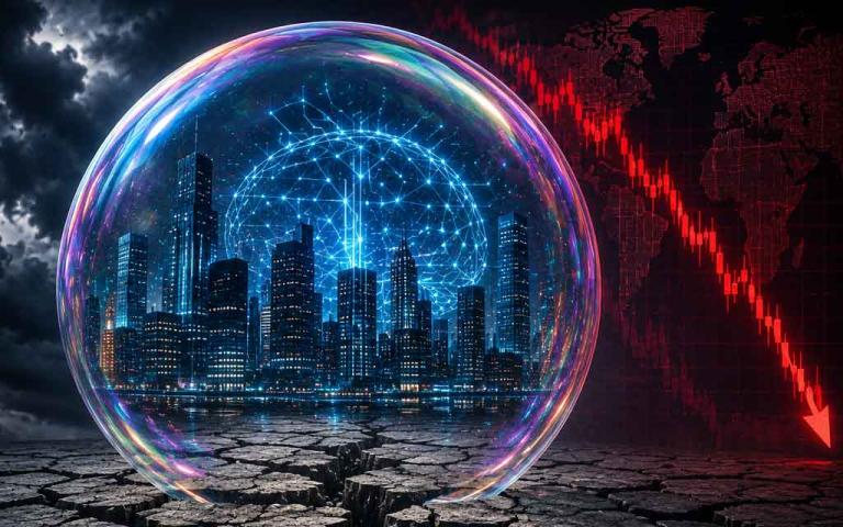 Financial market chart with AI chip, data center, warning symbol, and central bank concept illustrating concerns over an AI investment bubble and financial stability risks.