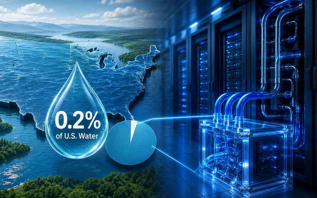 Modern AI data center using advanced liquid cooling technology to reduce water consumption and improve energy efficiency.