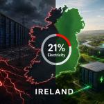 AI data centers consuming massive amounts of electricity contrasted with Filecoin’s decentralized network distributing storage and compute globally.