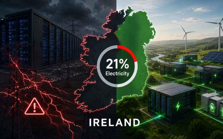 AI data centers consuming massive amounts of electricity contrasted with Filecoin’s decentralized network distributing storage and compute globally.