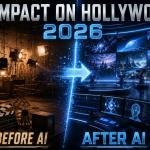 Hollywood film production transformed by artificial intelligence with virtual production screens, AI-generated visual effects, and futuristic filmmaking technology