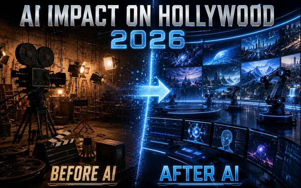 Hollywood film production transformed by artificial intelligence with virtual production screens, AI-generated visual effects, and futuristic filmmaking technology