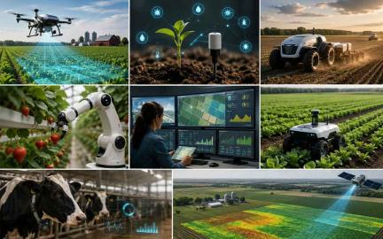 American farmer using AI-powered precision agriculture technology with autonomous tractors, drones, crop analytics dashboards and smart farming systems in 2026
