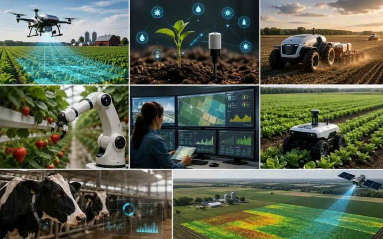 American farmer using AI-powered precision agriculture technology with autonomous tractors, drones, crop analytics dashboards and smart farming systems in 2026