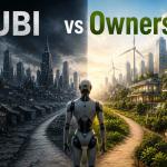 Concept illustration showing artificial intelligence transforming jobs with Universal Basic Income and ownership stake models for economic security