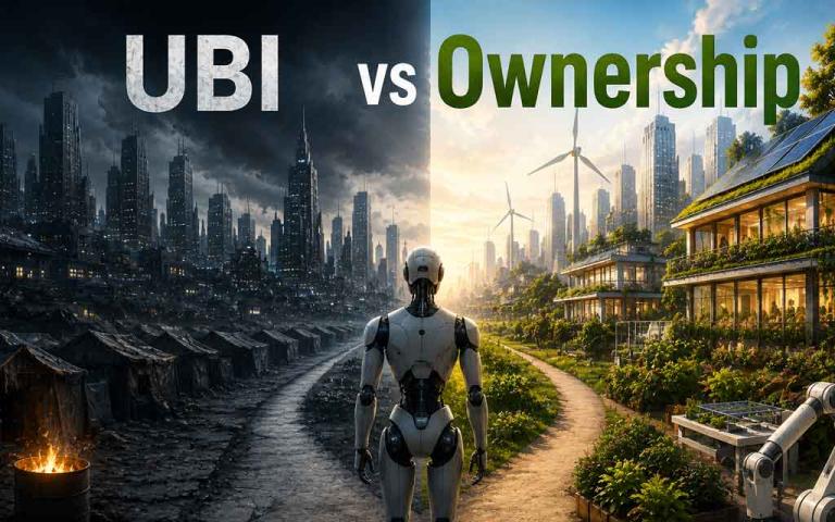 Concept illustration showing artificial intelligence transforming jobs with Universal Basic Income and ownership stake models for economic security