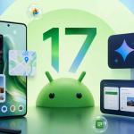 Android 17 smartphone interface showing Gemini AI multitasking app bubbles and productivity features
