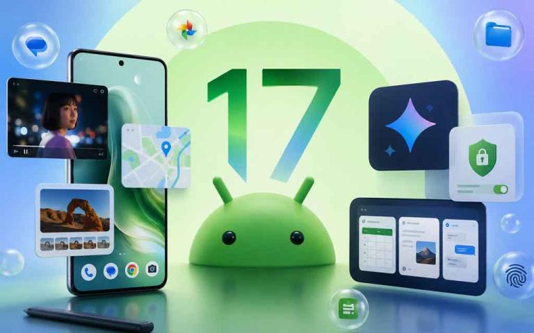 Android 17 smartphone interface showing Gemini AI multitasking app bubbles and productivity features