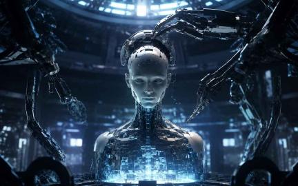 Artificial intelligence autonomously generating code while human engineers monitor advanced AI systems