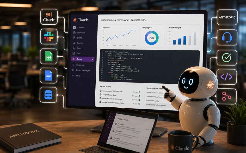 AI agent operating inside a workplace chat platform, automating coding, analytics, and business workflows.