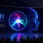Futuristic AI-powered virtual assistant interface integrated across Apple devices including iPhone, MacBook, iPad, and Apple Watch