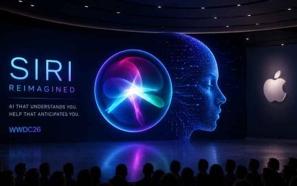 Futuristic AI-powered virtual assistant interface integrated across Apple devices including iPhone, MacBook, iPad, and Apple Watch