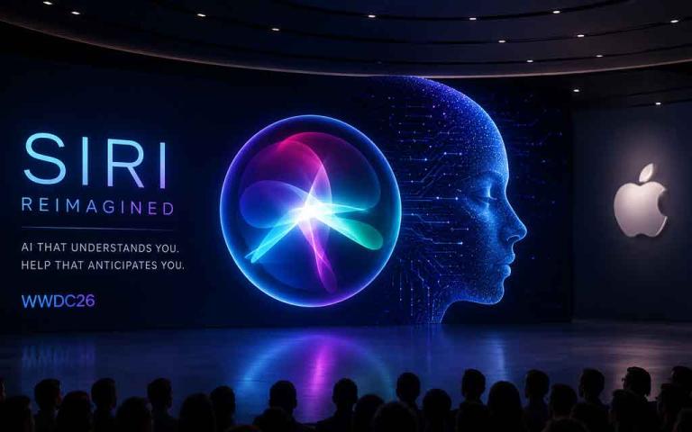 Futuristic AI-powered virtual assistant interface integrated across Apple devices including iPhone, MacBook, iPad, and Apple Watch