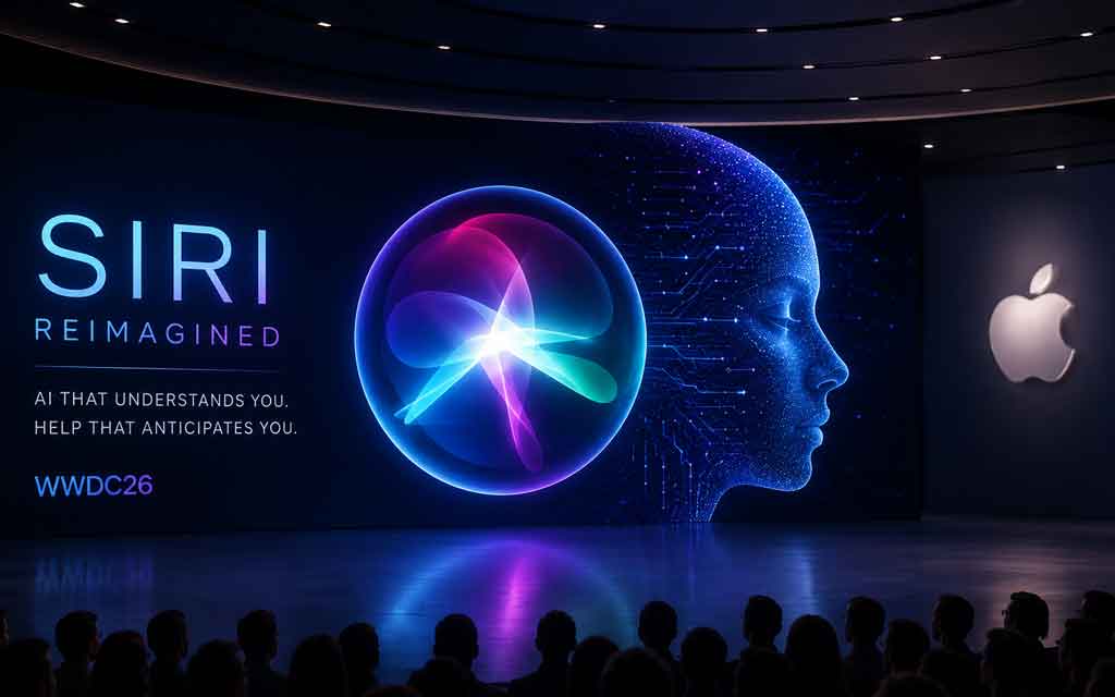 Futuristic AI-powered virtual assistant interface integrated across Apple devices including iPhone, MacBook, iPad, and Apple Watch