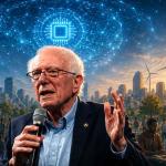 Bernie Sanders speaking about artificial intelligence as a public resource, advocating a sovereign wealth fund to distribute AI-generated wealth among Americans.