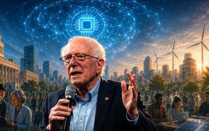 Bernie Sanders speaking about artificial intelligence as a public resource, advocating a sovereign wealth fund to distribute AI-generated wealth among Americans.