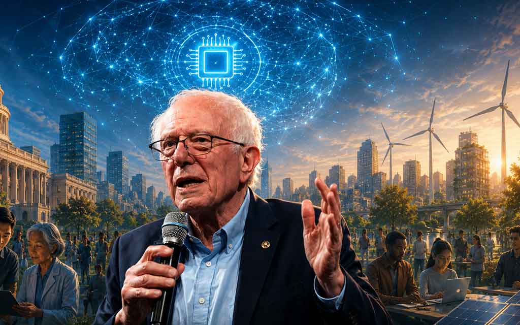 Bernie Sanders speaking about artificial intelligence as a public resource, advocating a sovereign wealth fund to distribute AI-generated wealth among Americans.