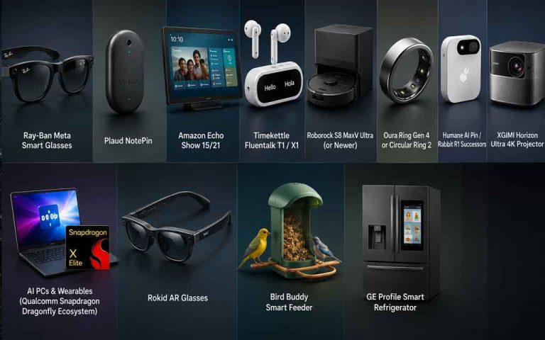 Collection of the best AI gadgets in America for 2026 including smart glasses, AI wearables, smart home devices, translators, and robotics