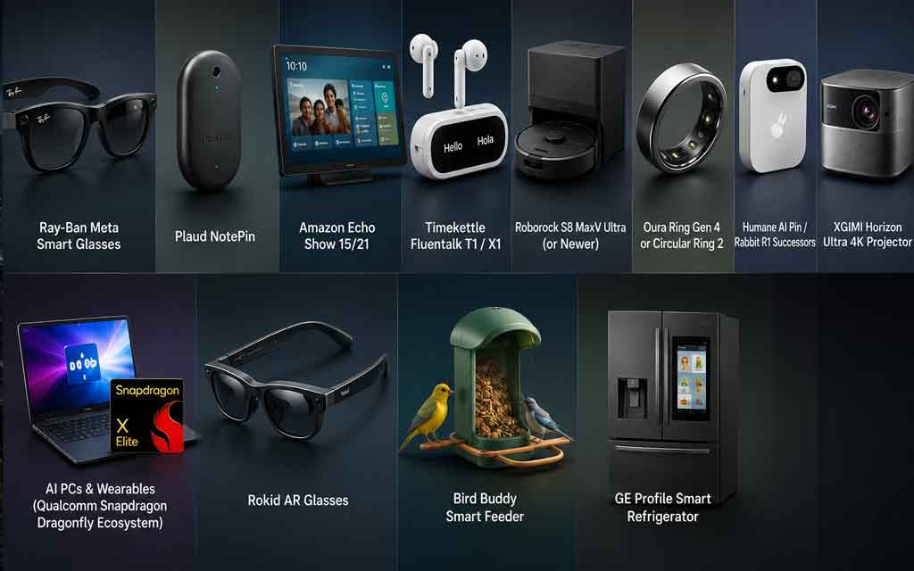 Collection of the best AI gadgets in America for 2026 including smart glasses, AI wearables, smart home devices, translators, and robotics