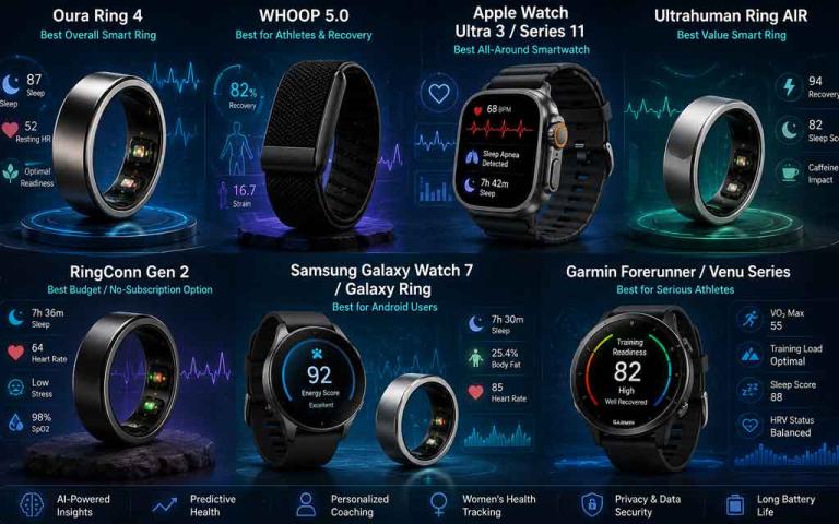 Collection of modern AI-powered health wearables including smart rings and smartwatches