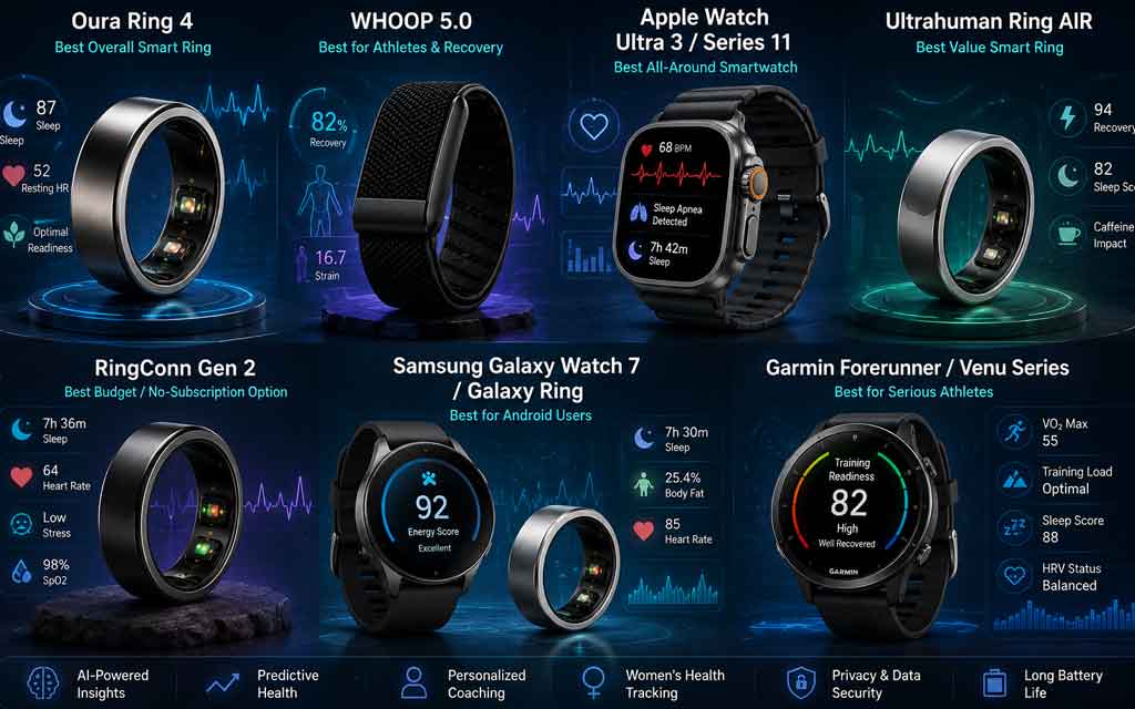 Collection of modern AI-powered health wearables including smart rings and smartwatches