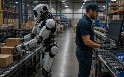 Boston Dynamics Atlas humanoid robot training in a manufacturing facility alongside human workers