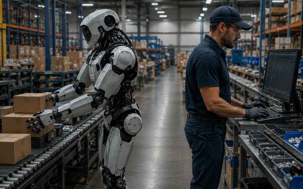 Boston Dynamics Atlas humanoid robot training in a manufacturing facility alongside human workers