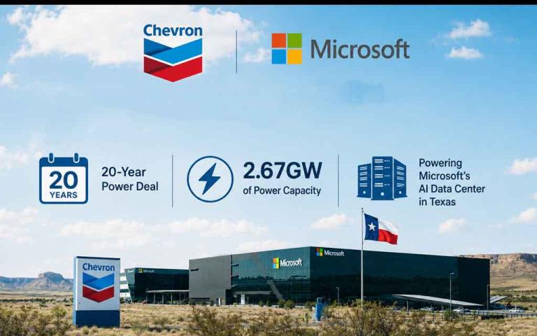 Large AI data center campus in Texas powered by a natural gas power plant under Chevron and Microsoft's long-term energy partnership.