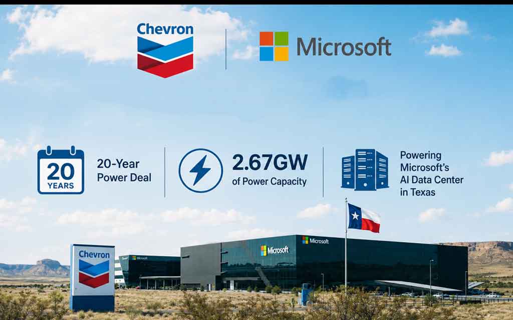 Large AI data center campus in Texas powered by a natural gas power plant under Chevron and Microsoft's long-term energy partnership.
