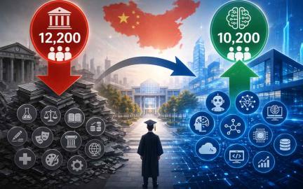 Chinese university students studying artificial intelligence, robotics, and advanced technology as China restructures higher education for the AI era