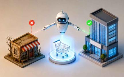 AI shopping agent comparing products from large corporations while a small business struggles to compete in an AI-driven marketplace.
