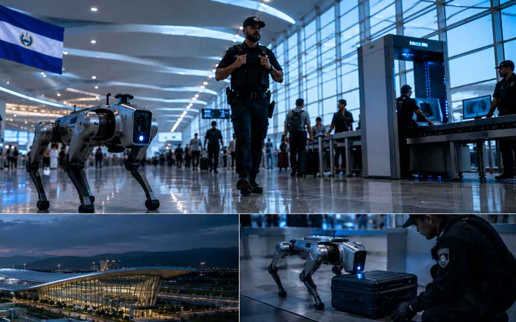Autonomous robot dog conducting security screening inside a modern airport terminal in El Salvador.