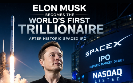 Elon Musk celebrating as SpaceX IPO pushes his net worth above one trillion dollars in historic financial milestone