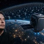 Concept of millions of satellites orbiting Earth as a giant AI data center network powered by solar energy